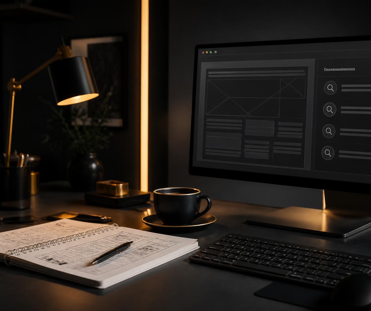 Digital marketing workspace with campaign planning notes, a website wireframe and search visibility panels on screen